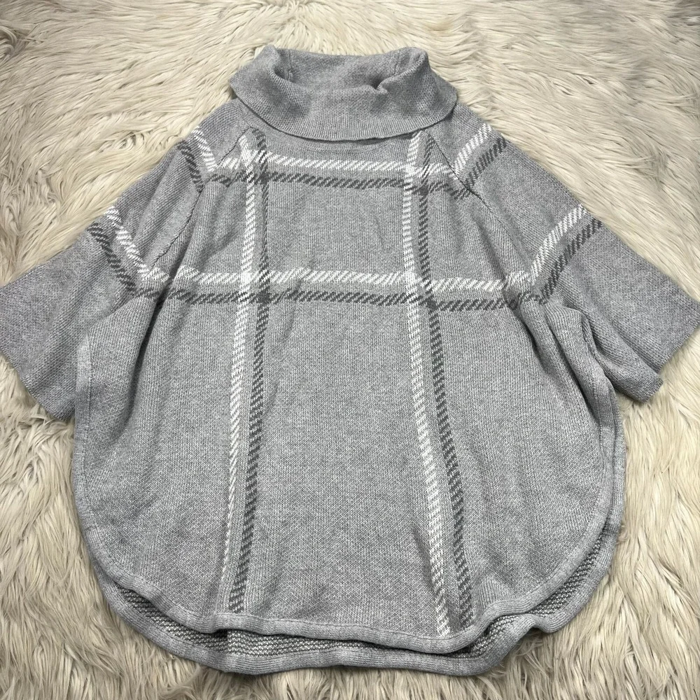 NWT LOFT Women's XS / S Gray Plaid Cowl Pullover Poncho‎ Sweater Short Sleeves